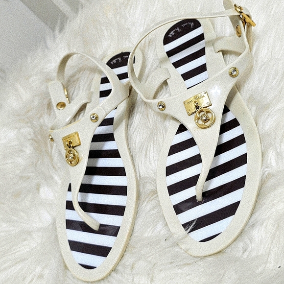 Henri Bendel Striped Goldtone Crest Jelly Ankle Strap Sandals Size 7🌴 - Picture 7 of 10